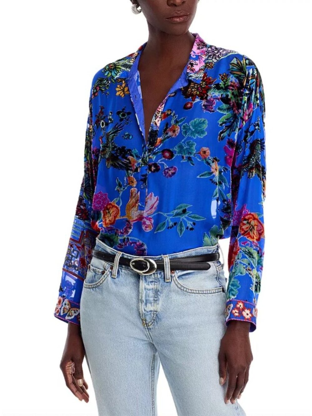 Johnny Was $348 Audrey Slim Tunic Top Size Small Burnout Velvet Embroidered